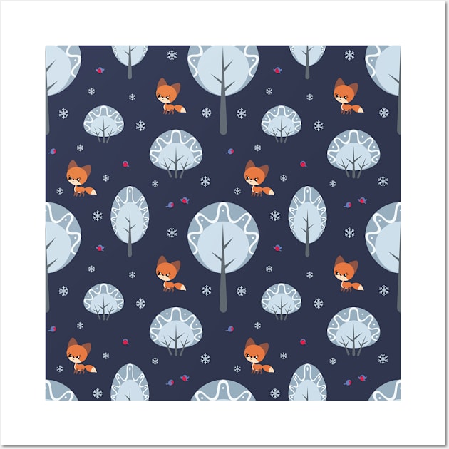 Winter Pattern with Foxes and Birds Wall Art by labatchino